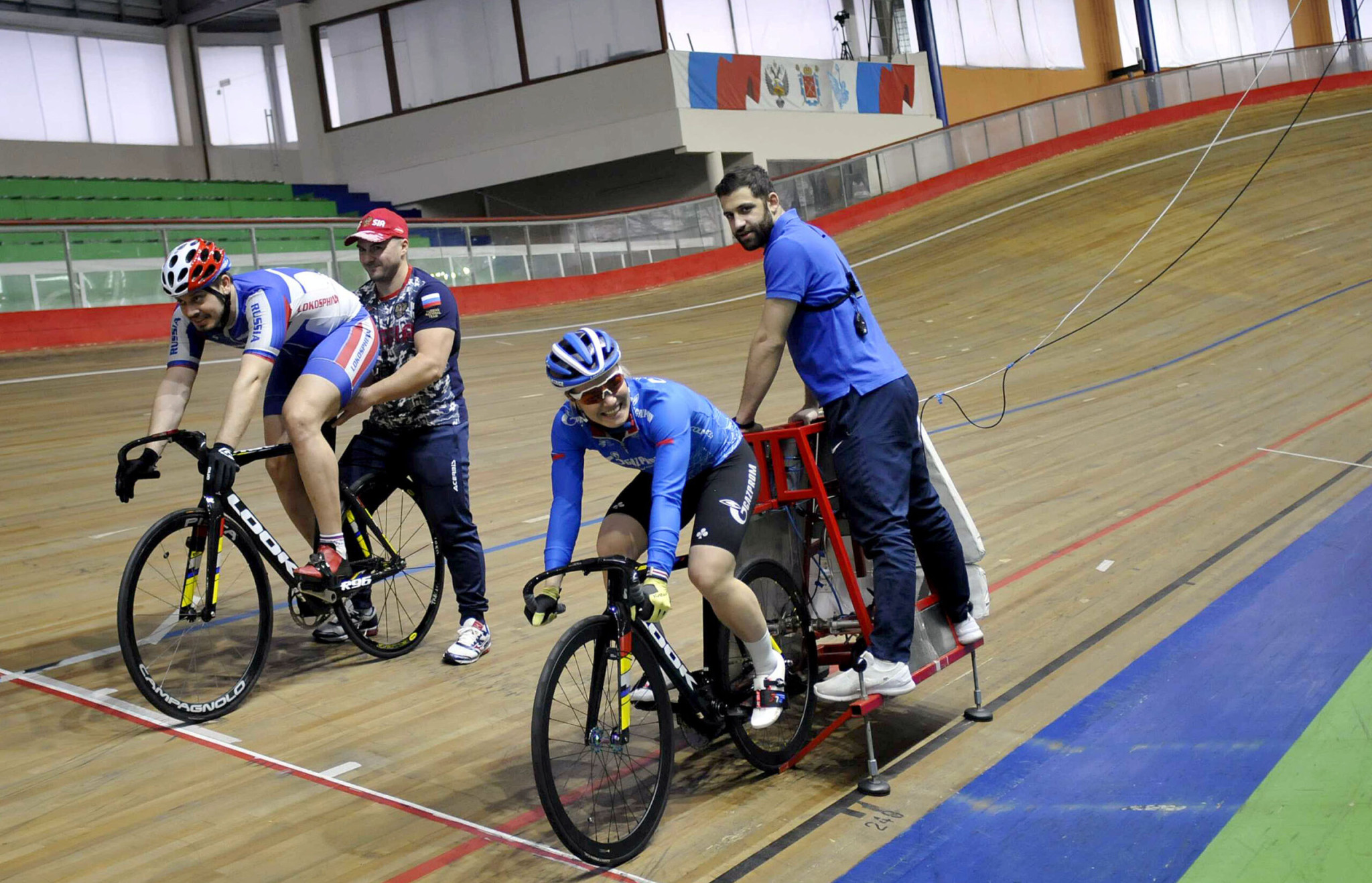 Gathering of a cycling team on the track in St. Petersburg